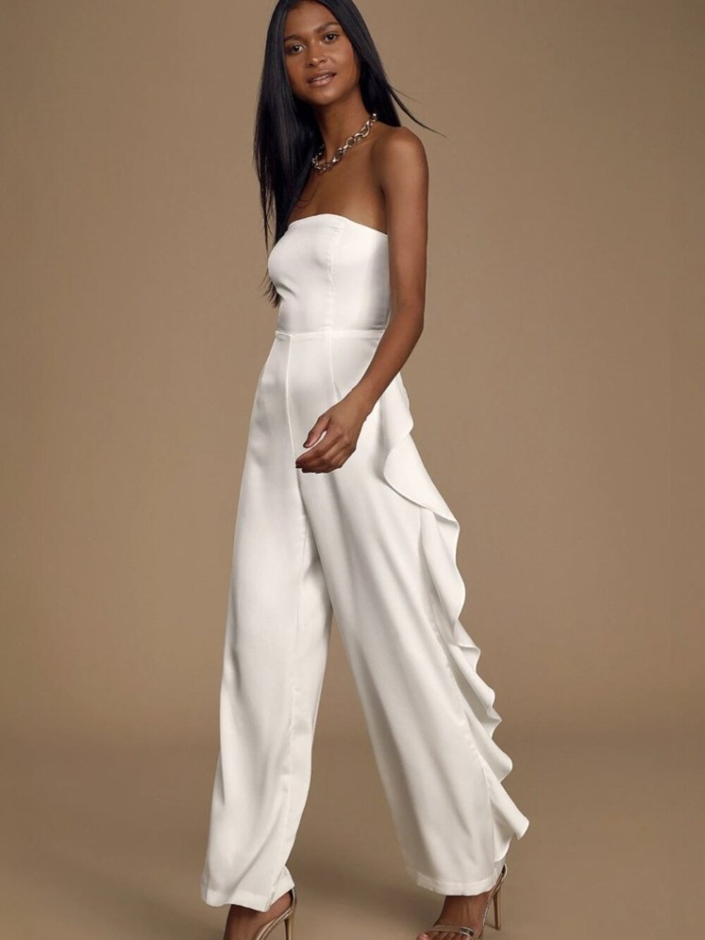 Lulus Cascading Love White Strapless Ruffled Wide-Leg Jumpsuit NWT - Picture 2 of 9